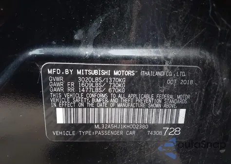 2019 Mitsubishi Mirage Gt/Le z USA, uszkodzony, nr VIN ML32A5HJ1KH002380